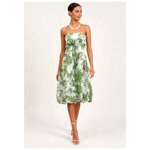 David's Bridal Strapless Sage Green Floral Chiffon Bubble Hem Dress Size 6